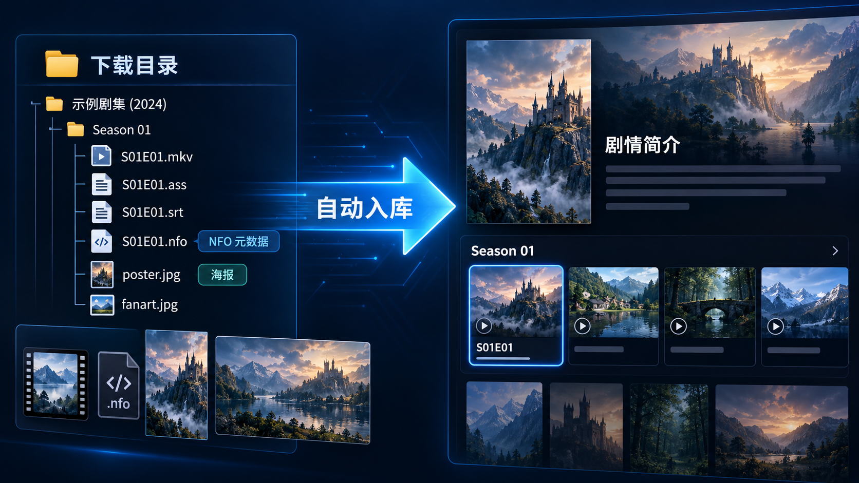 NFO 文件结构与媒体库自动入库流程示意