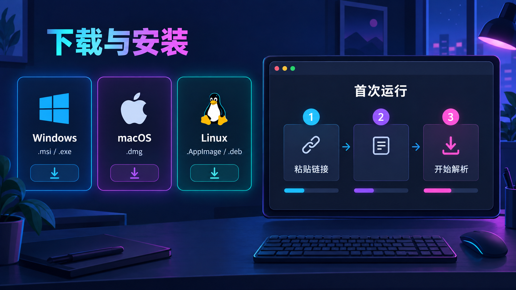 跨平台安装与首次运行流程示意